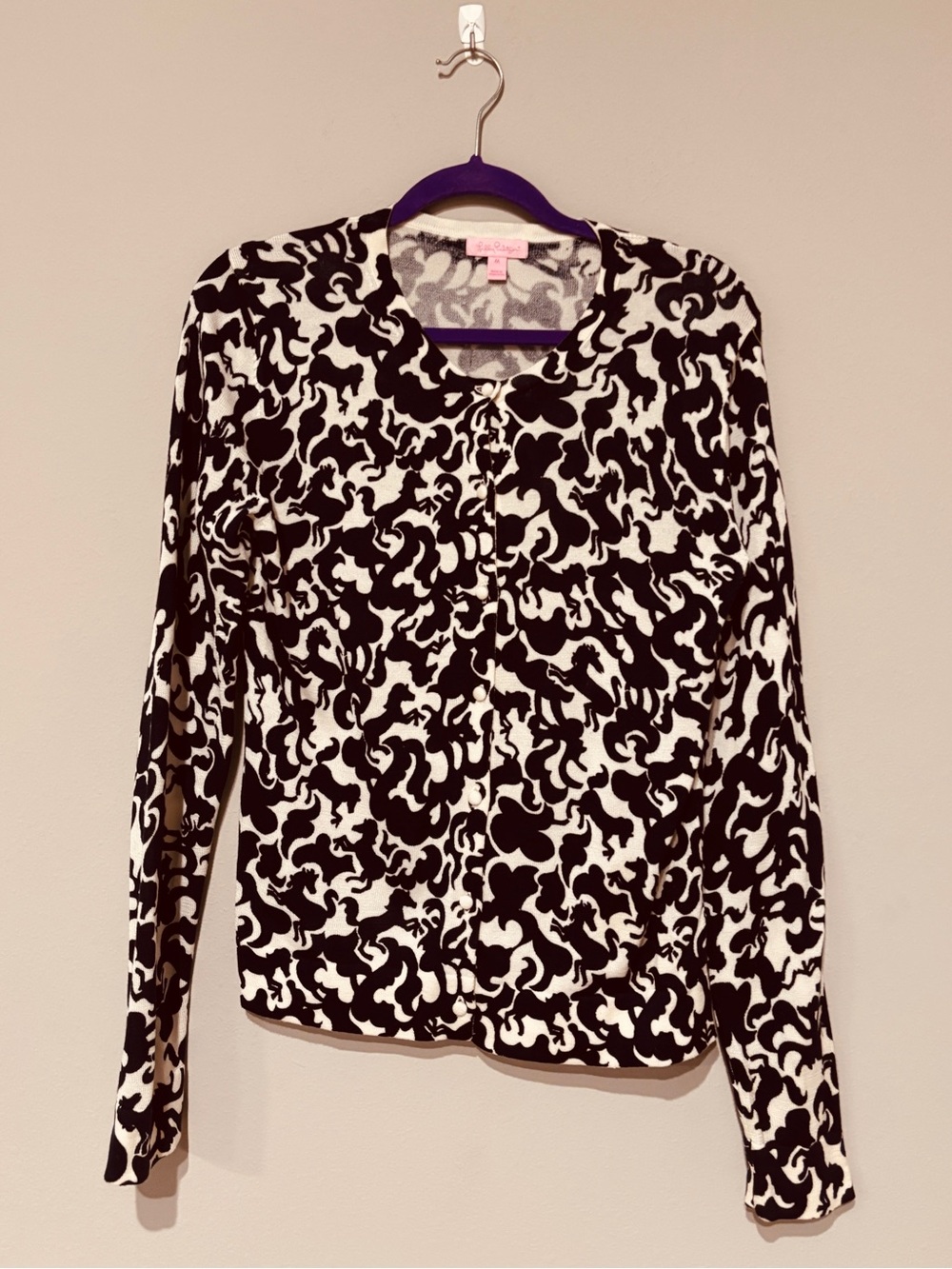 Lilly Pulitzer Blue White Floral Knit Cardigan Sweater Crew Neck Cotton M Soft
